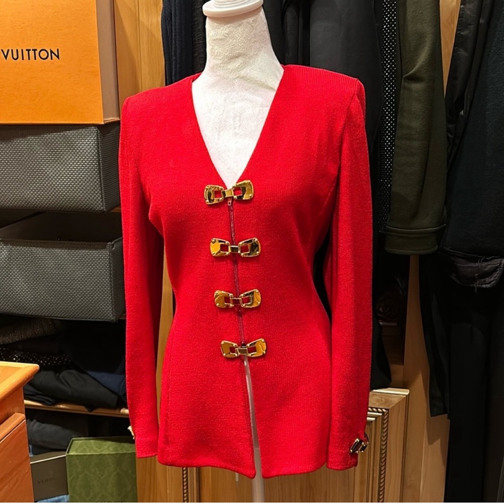 St. John Collection Red Knit Jacket with Gold Hardware